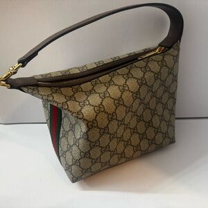 Gucci Beige/Brown Monogram Shoulder Bag with Green-Red Web Stripe